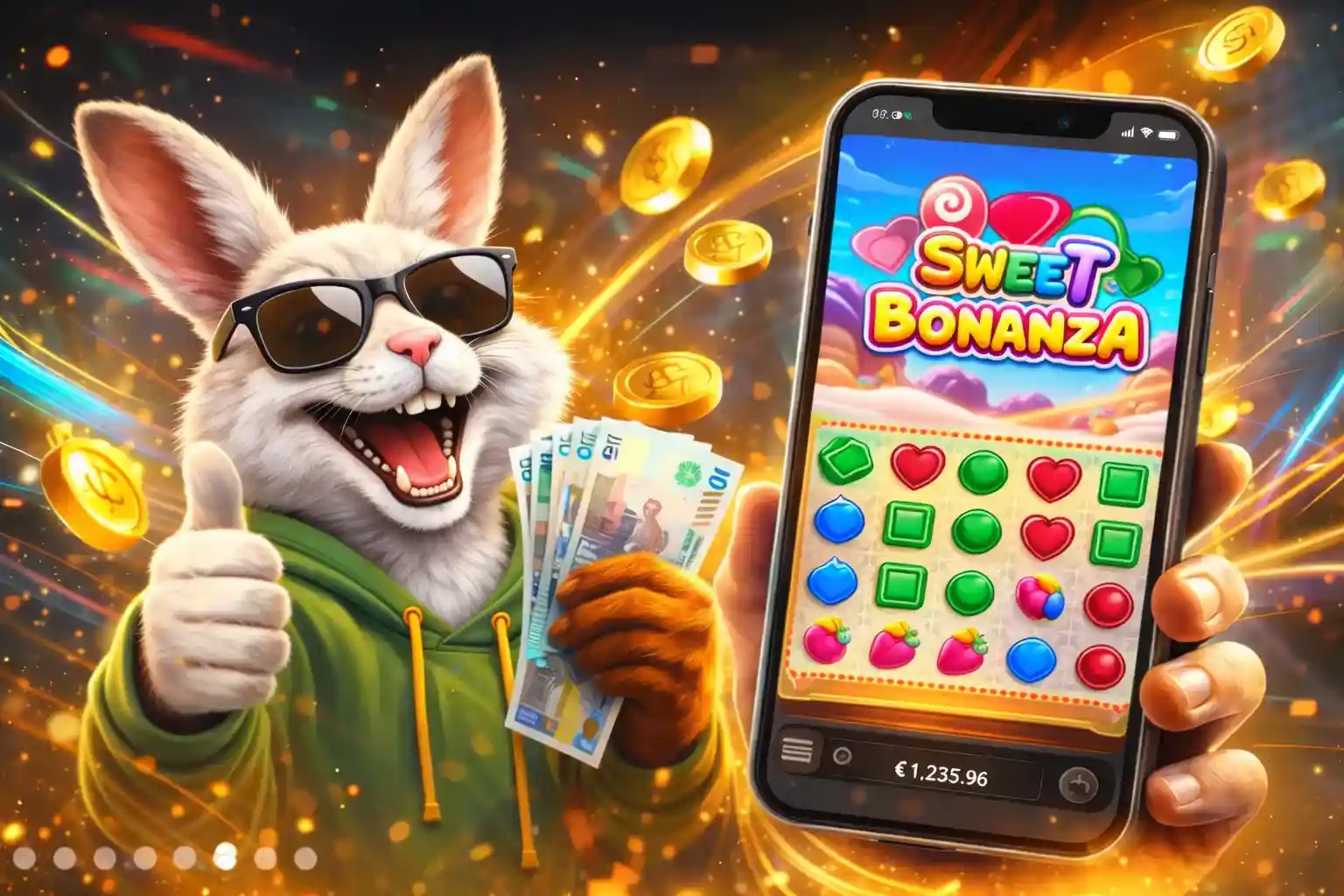 Kani pelaa Sweet Bonanza peliä puhelimella ja juhlii voittoa