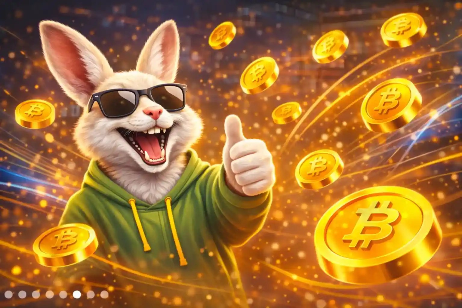 Iloinen kani ja lentävät bitcoin kolikot kirkkaassa kasinoympäristössä